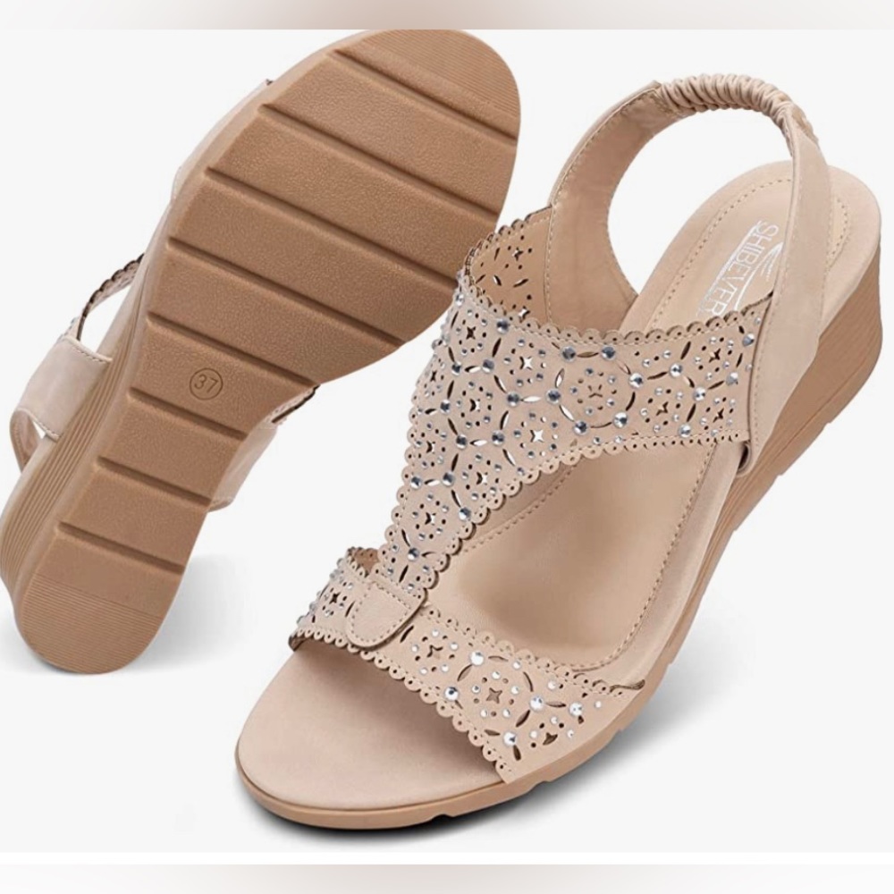 NWT Wedge Sandals for Women Rhinestone Elastic Ankle Strap